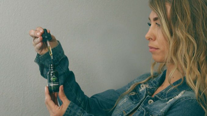 CBD-מינון בחורה עם פיפטה ובקבוקון CBD מחשבת מינון מתאים